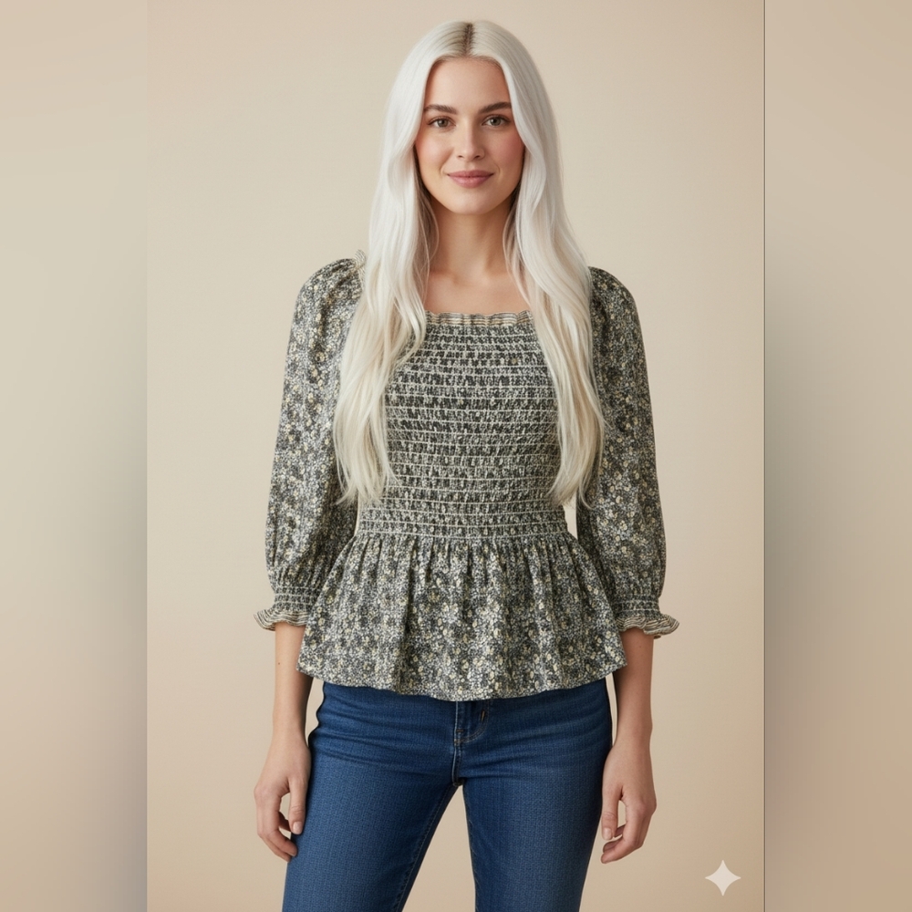 Max Studio Smocked Peplum Floral Blouse - Square Neck Off Shoulder
